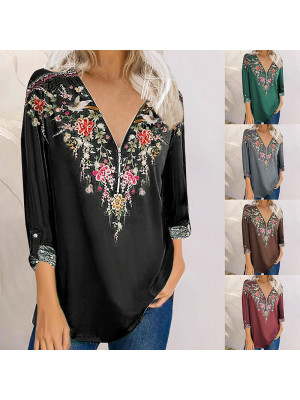 Womens Long Sleeve T Shirt V Neck Floral Tops Ladies Loose Casual Zipper Blouse