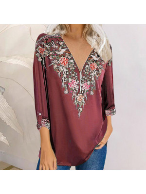 Womens Long Sleeve T Shirt V Neck Floral Tops Ladies Loose Casual Zipper Blouse