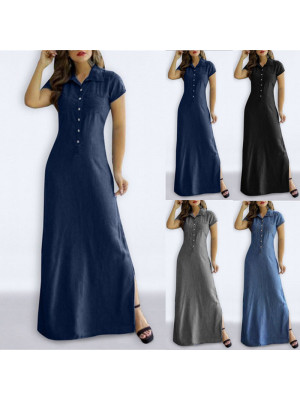 Womens Plain Short Sleeve Dress Ladies Button V Neck Casual Pocket Maxi Dress