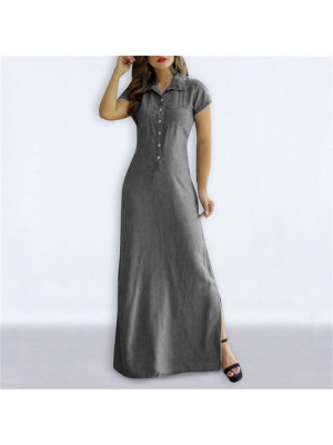 Womens Plain Short Sleeve Dress Ladies Button V Neck Casual Pocket Maxi Dress