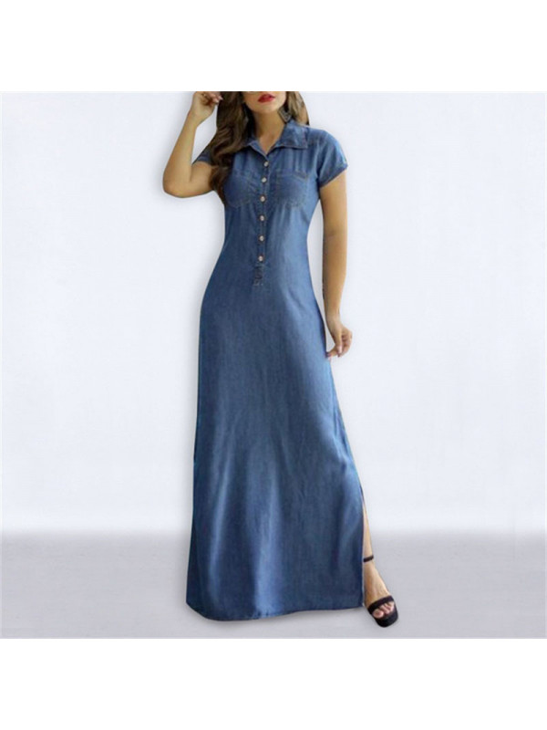 Womens Plain Short Sleeve Dress Ladies Button V Neck Casual Pocket Maxi Dress