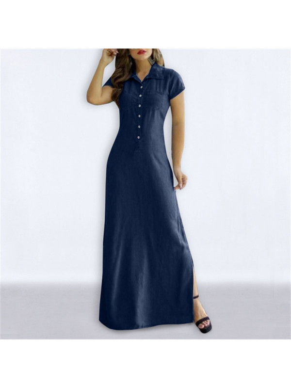 Womens Plain Short Sleeve Dress Ladies Button V Neck Casual Pocket Maxi Dress