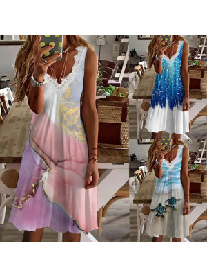 Womens Summer Sleeveless Marble Print Midi Dress Ladies Beach Holiday Sundress