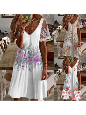 Womens Lace Short Sleeve Midi Dress Ladies Floral Marble Boho V Neck Sundress UK