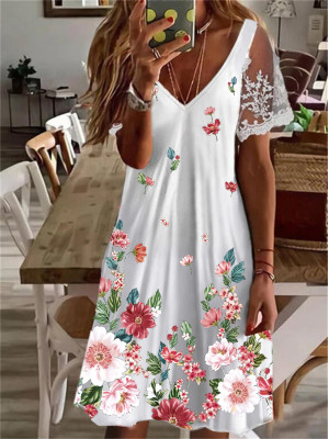 Womens Lace Short Sleeve Midi Dress Ladies Floral Marble Boho V Neck Sundress UK