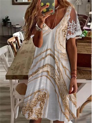 Womens Lace Short Sleeve Midi Dress Ladies Floral Marble Boho V Neck Sundress UK