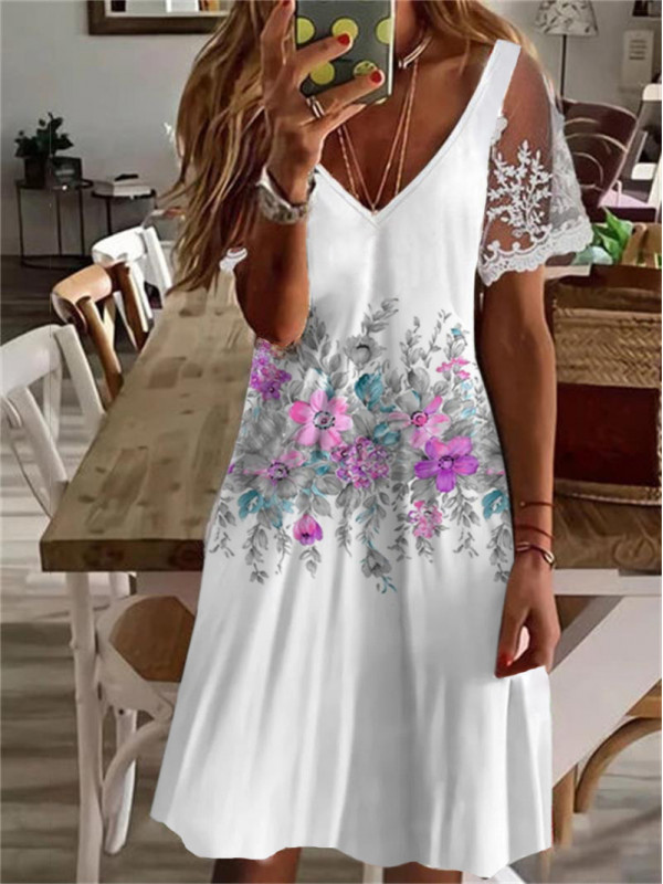 Womens Lace Short Sleeve Midi Dress Ladies Floral Marble Boho V Neck Sundress UK