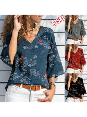 Womens Floral V Neck Casual Blouse Tee Tops Ladies 3/4 Sleeve T Shirt Plus Size