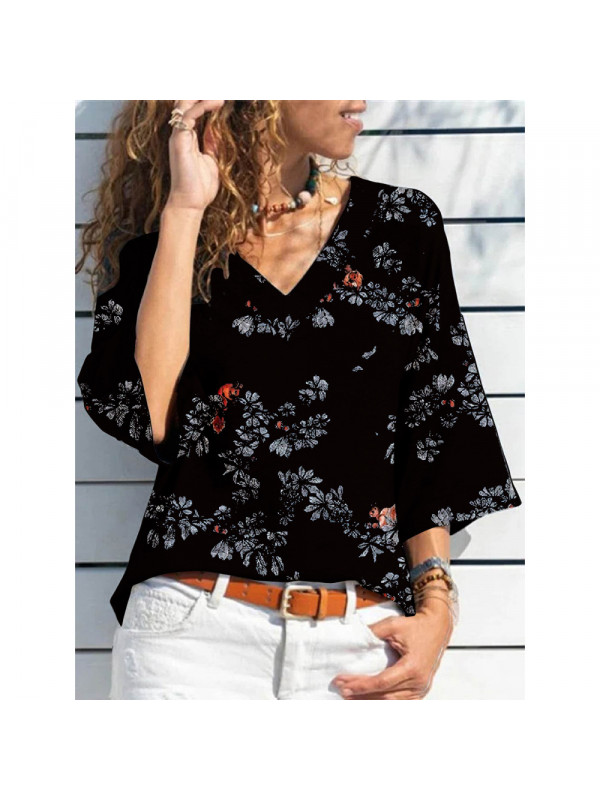 Womens Floral V Neck Casual Blouse Tee Tops Ladies 3/4 Sleeve T Shirt Plus Size