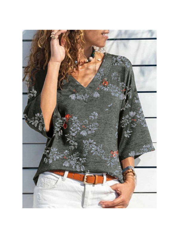 Womens Floral V Neck Casual Blouse Tee Tops Ladies 3/4 Sleeve T Shirt Plus Size