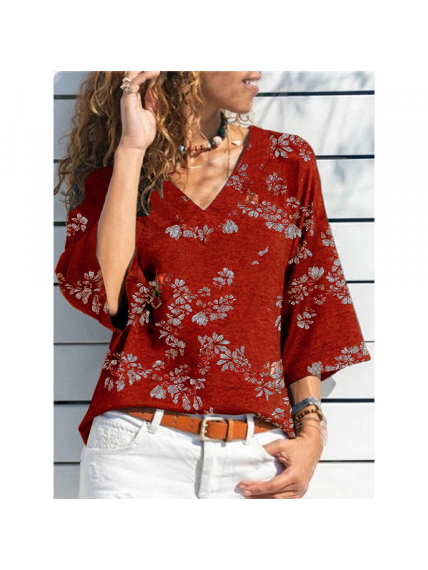 Womens Floral V Neck Casual Blouse Tee Tops Ladies 3/4 Sleeve T Shirt Plus Size