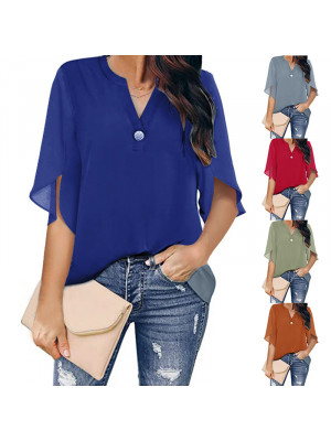 Womens V-Neck Plain Chiffon Tops Blouse Short Sleeve Casual Loose T Shirt Tee