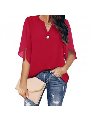 Womens V-Neck Plain Chiffon Tops Blouse Short Sleeve Casual Loose T Shirt Tee