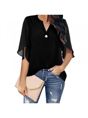 Womens V-Neck Plain Chiffon Tops Blouse Short Sleeve Casual Loose T Shirt Tee