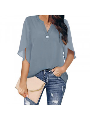 Womens V-Neck Plain Chiffon Tops Blouse Short Sleeve Casual Loose T Shirt Tee