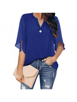 Womens V-Neck Plain Chiffon Tops Blouse Short Sleeve Casual Loose T Shirt Tee