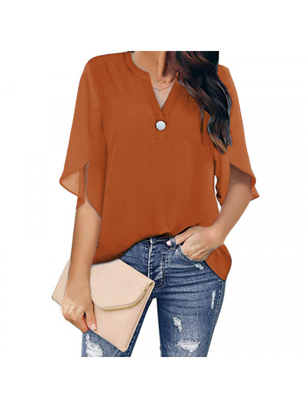 Womens V-Neck Plain Chiffon Tops Blouse Short Sleeve Casual Loose T Shirt Tee