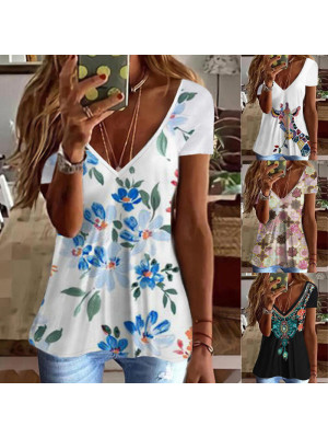 Womens V Neck Floral Tank Tops Ladies Summer Boho Casual Vest T Shirt Blouse UK