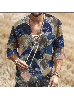 Men's Chest Tie Eyelet T-Shirt Printed Shirt V Neck Boho Summer Pullover Tops UK