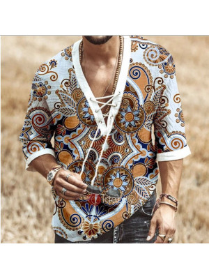 Men's Chest Tie Eyelet T-Shirt Printed Shirt V Neck Boho Summer Pullover Tops UK