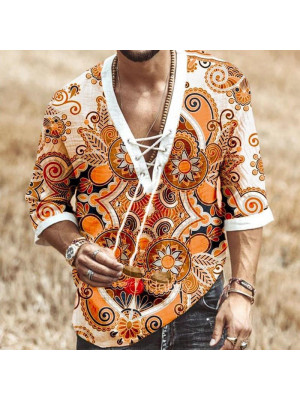 Men's Chest Tie Eyelet T-Shirt Printed Shirt V Neck Boho Summer Pullover Tops UK