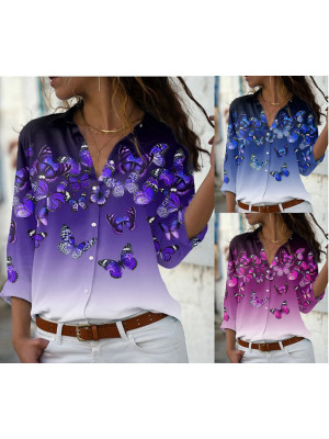 Womens Long Sleeve V Neck Blouse Ladies Butterfly Print Casual Button Shirt Tops