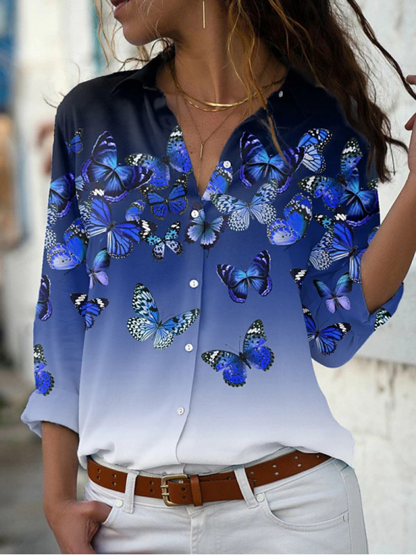 Womens Long Sleeve V Neck Blouse Ladies Butterfly Print Casual Button Shirt Tops