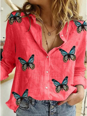 Womens Butterfly Blouse Tee Ladies V Neck Tops Loose Button T Shirts Plus Size