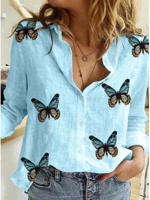 Womens Butterfly Blouse Tee Ladies V Neck Tops Loose Button T Shirts Plus Size