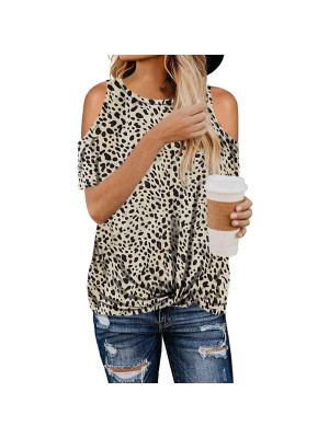 Ladies Off Shoulder Loose Tops Women Sexy Leopard Casual Crew Neck Tees 4-20