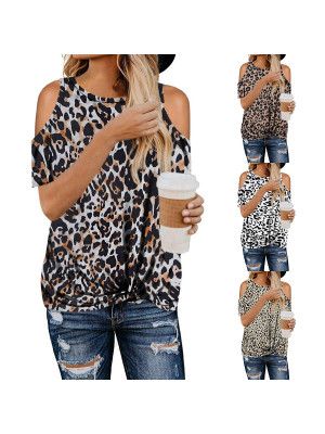 Ladies Off Shoulder Loose Tops Women Sexy Leopard Casual Crew Neck Tees 4-20