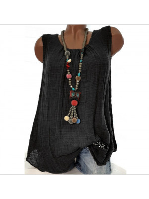 Plus Size Ladies Boho Sleeveless Tops Women Cotton Linen Casual Vest Cami Tank