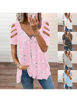 Womens Cold Shoulder T-Shirt Summer Short Sleeve Zipper V Neck Blouse Tops Tees