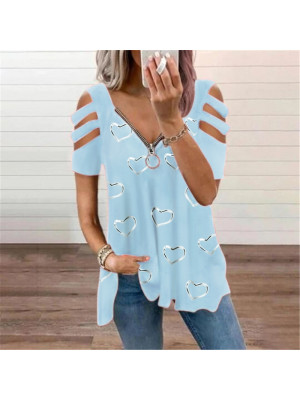 Womens Cold Shoulder T-Shirt Summer Short Sleeve Zipper V Neck Blouse Tops Tees