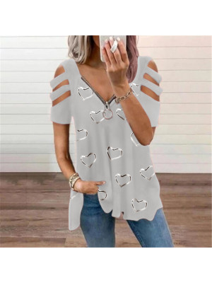 Womens Cold Shoulder T-Shirt Summer Short Sleeve Zipper V Neck Blouse Tops Tees