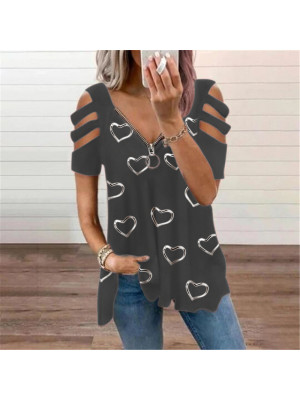 Womens Cold Shoulder T-Shirt Summer Short Sleeve Zipper V Neck Blouse Tops Tees