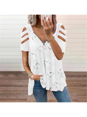 Womens Cold Shoulder T-Shirt Summer Short Sleeve Zipper V Neck Blouse Tops Tees