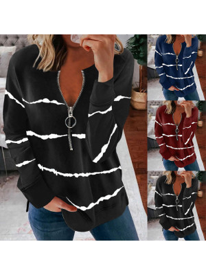 Ladies Long Sleeve Casual Half Zip Tops Women Striped Casual Blouse Shirts Tees