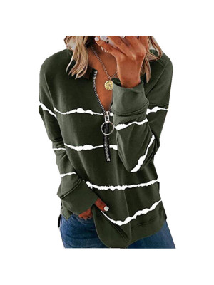 Ladies Long Sleeve Casual Half Zip Tops Women Striped Casual Blouse Shirts Tees