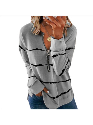 Ladies Long Sleeve Casual Half Zip Tops Women Striped Casual Blouse Shirts Tees