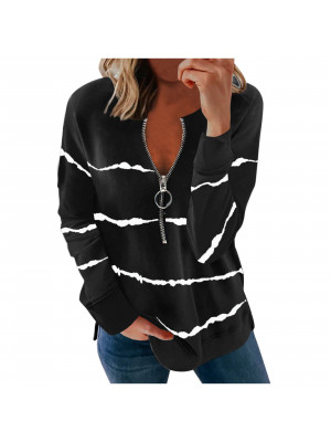 Ladies Long Sleeve Casual Half Zip Tops Women Striped Casual Blouse Shirts Tees