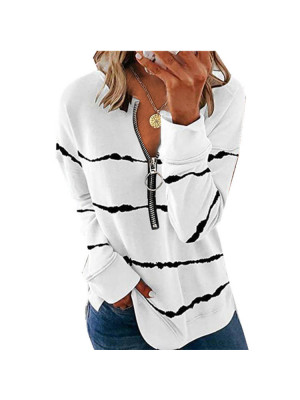 Ladies Long Sleeve Casual Half Zip Tops Women Striped Casual Blouse Shirts Tees