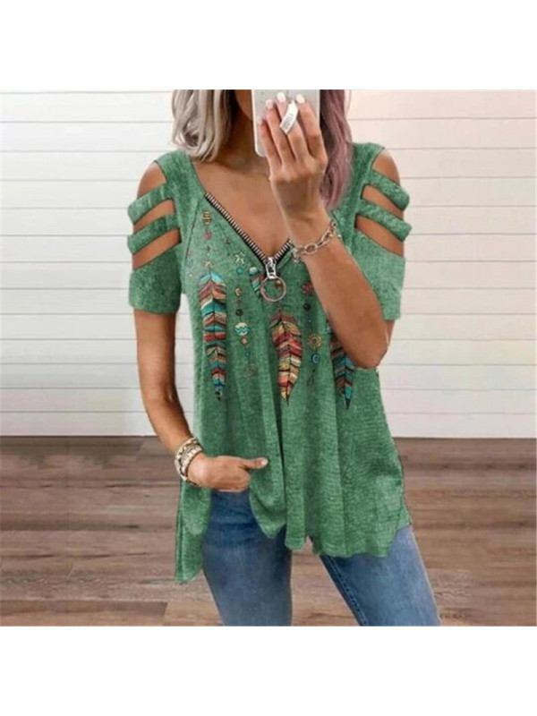 Plus Size UK Summer Womens Short Sleeve T Shirt Ladies Blouse Zipper Flower Tops