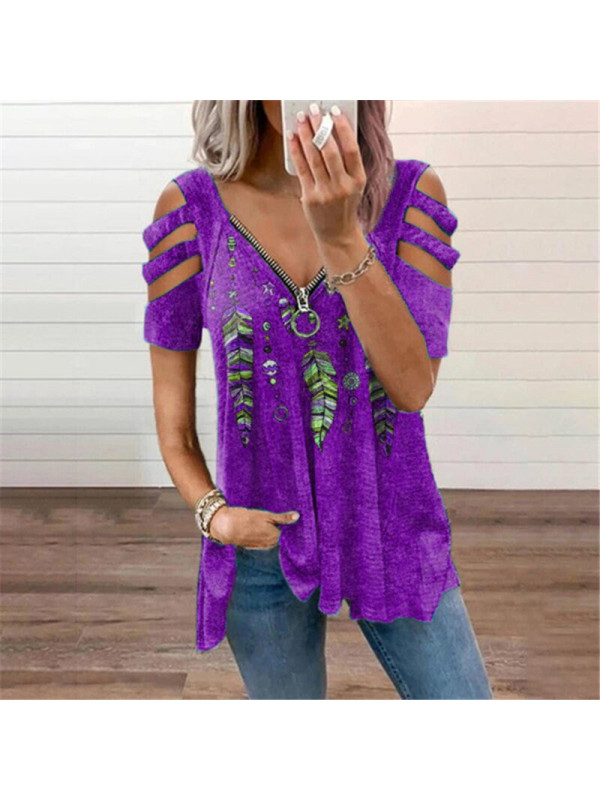 Plus Size UK Summer Womens Short Sleeve T Shirt Ladies Blouse Zipper Flower Tops