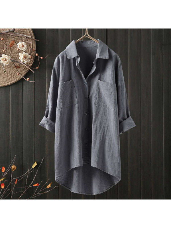 Womens Cotton Linen Button T Shirt Asymmetry Blouse Ladies Long Sleeve Tops UK