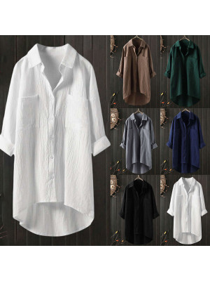 Womens Cotton Linen Button T Shirt Asymmetry Blouse Ladies Long Sleeve Tops UK