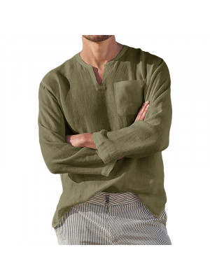 Mens Cotton Linen Long Sleeve T Shirt Henley Pullover Tops Solid Pocket Tees