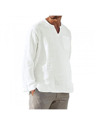 Mens Cotton Linen Long Sleeve T Shirt Henley Pullover Tops Solid Pocket Tees