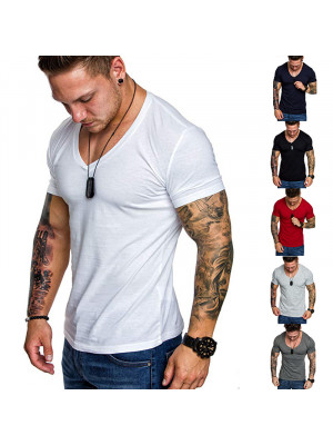 Mens T Shirt Muscle Casual Short Sleeve Summer Solid Slim Fit Tee Blouse Tops